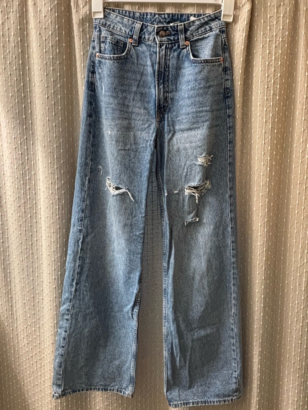 High-Rise Wide Leg Distressed Blue Jeans
